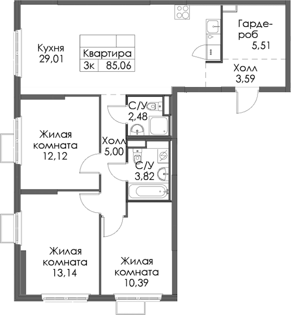 3-комнатная квартира 85.06 м², 11/12 эт., ЖК «Таллинский парк»